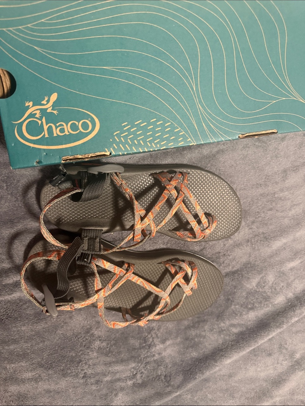 Chaco women's strappy sandals in gray with orange webbing